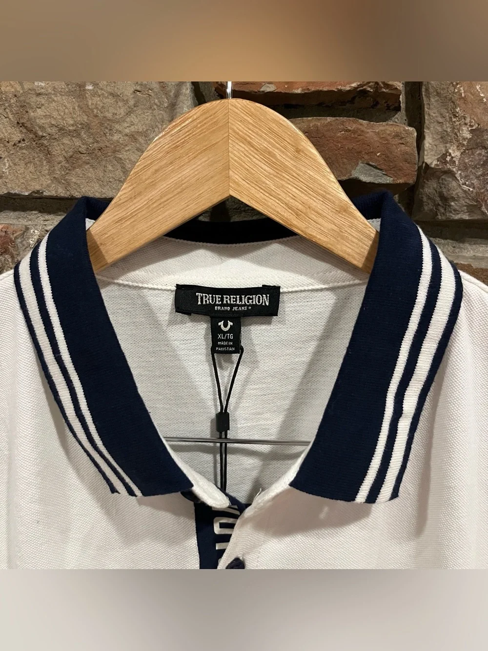 True Religion 100% Cotton White Gusset Polo with Navy Trim